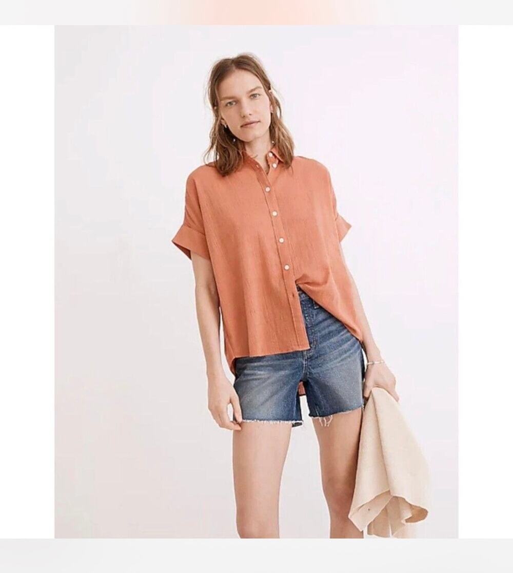 Madewell Courier Pintuck-Back Shirt in Textured Windowpane, Pale Orange, Size XS